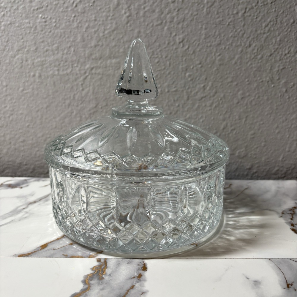 Indiana Glass Princess Covered Candy Dish Clear Crystal Diamond Point Pressed 7"